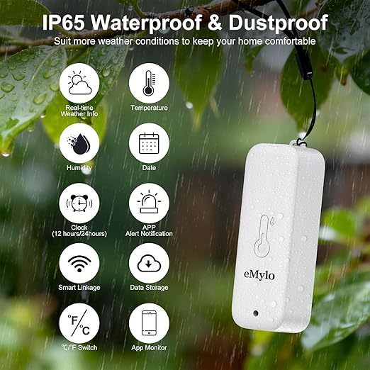 eMylo WiFi Hygrometer Thermometer 5 Pack, Smart Digital Indoor Temperature Humidity Monitor 426Ft Rang with 4 IP65 Wireless Sensors Outdoor Kit, App Alerts, Free Data Storage Export, Works with Alexa