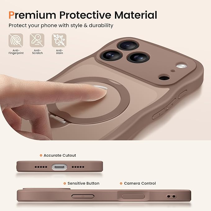 CAPRARO for iPhone 17 Pro Max Case with 360° Spin Magnetic Stand for Women, [Compatible with MagSafe] [Full Camera Protection] Cute Wave Translucent Matte Case for iPhone 17 Pro Max, Brown