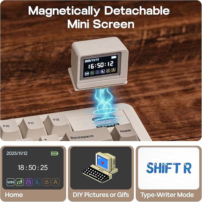 EPOMAKER RT82 Wireless Mechanical Keyboard with Screen, VIA Custom, 2.4GHz/USB-C/BT5.0, RGB Backlit, Gasket, 5-Paddings, PBT Keycaps, Hot-Swap Retro Gaming Keyboard (Creamy Jade)