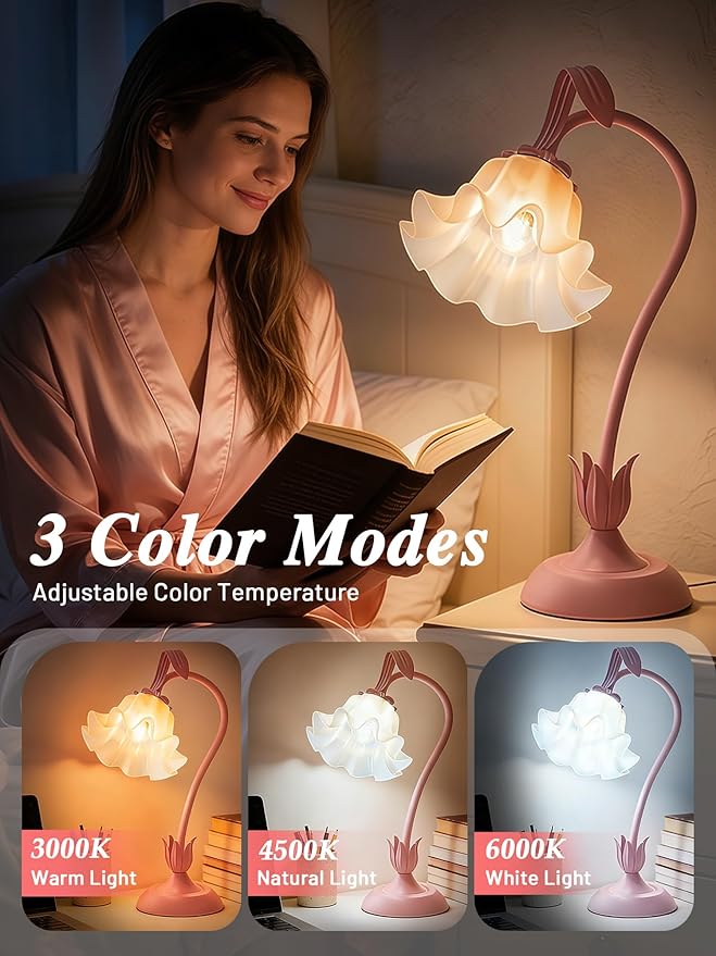 Mothers Day Gifts, Flower Table Lamp, LED Reading Light Vintage Bedside Lamps, 3 Color Modes Kawaii Nightstand Lamp, Flower Table Lamps for Bedroom Living Room Home Decoration(Pink lamp)