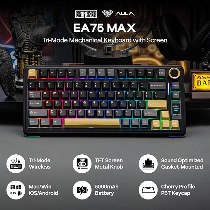 EPOMAKER X Aula EA75 MAX Wireless Gaming Keyboard with Screen & Knob, 5000mAh, Hot-Swap, Lubed Switches, RGB Backlit, Creamy Gasket, 75% Mechanical Keyboard (Black, Ice Vein Switch)