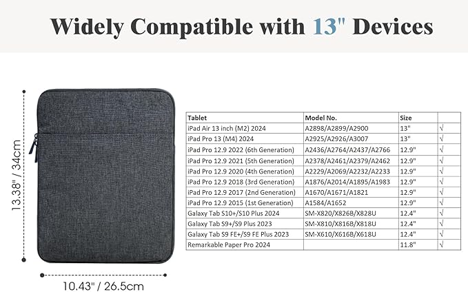 TiMOVO 13 Inch Tablet Sleeve for iPad Air 13" M3 2025, iPad Pro 13"/12.9", Galaxy Tab S9 Plus/S10+/S9 FE+, Remarkable Paper Pro 11.8", Protective Pocket Bag, Space Gray