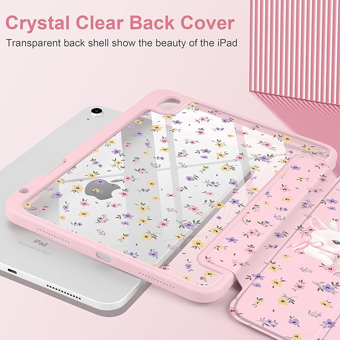 Case for iPad Air 11 inch M4 2026 M3 2025 M2 2024,iPad Air 5th (2022) / 4th (2020) 10.9 Inch Clear Back Shell Lightweight TPU Edge Trifold Stand Auto Wake Sleep Cute Cover, White Rabbit