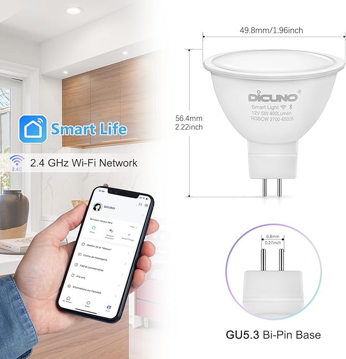 DiCUNO MR16 Smart Bulbs Alexa, RGBCW Color Changing Light, 5W GU5.3 Smart Bulb Compatible with Google Home, Dimmable with App, 2.4GHz WiFi, AC/DC 12V, Bi-pin Base, 400LM, Landscape Light, 4-Pack