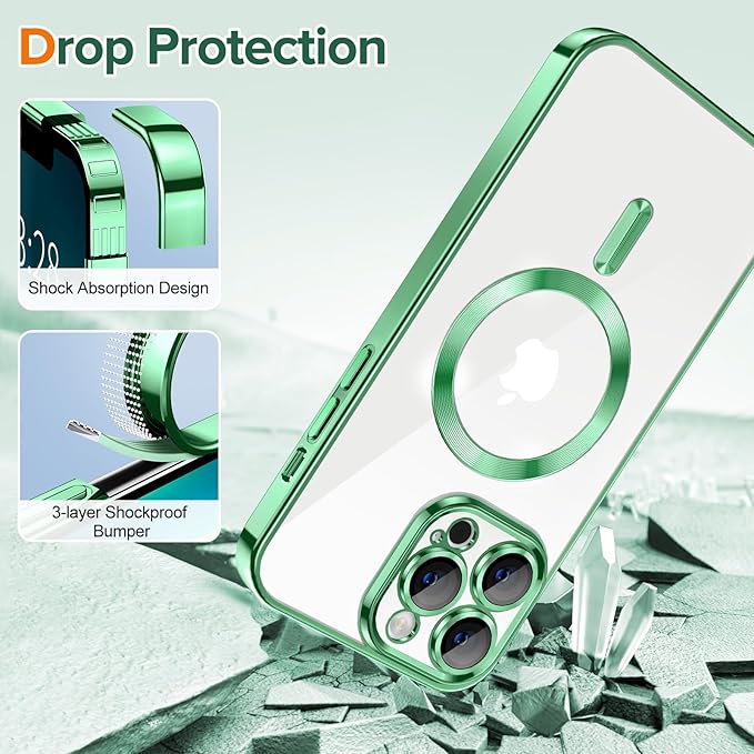 Hython Magnetic Clear for iPhone 13 Pro Case with Camera Lens Protector [Compatible with MagSafe] Luxury Plating Edge Slim Soft TPU Cover Protective Phone Case for iPhone 13 Pro 6.1", Light Green