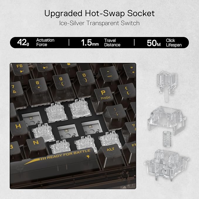 Redragon K649 PRO 78% Wireless Gasket RGB Gaming Keyboard, 3-Modes 82 Keys Full-Transparent Mechanical Keyboard w/Hot-Swap Socket, Noise Dampening Layer x 5, Translucent Custom Switch