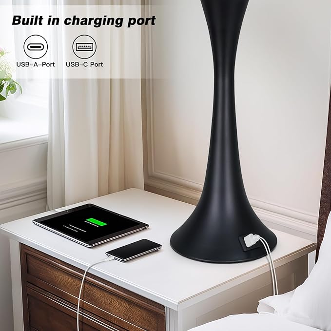 Rinweey 27.5" Table Lamps Set of 2, Touch Bedside Lamps with USB C+A Ports, 3 Way Dimmable Nightstand Lamps for Bedroom, Living Room, Office, Black Lamp with Beige Lampshade, Bulbs Included