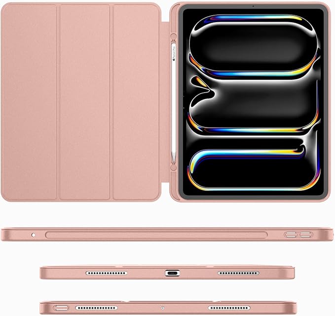 iMieet Case for iPad Pro 11 Inch (M5) 2025 /(M4) 2024 5th Gen, Trifold Stand Smart Cover with Pencil Holder and Soft TPU Back, Auto Wake/Sleep (Rose Gold)