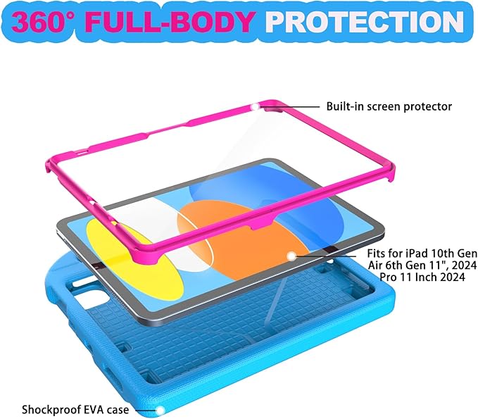 YIHE Kids Case for iPad A16 11th Generation (11" 2025) & 10th Gen (10.9" 2022) | Shockproof Tablet Cover with Built-in Screen Protector & Pencil Holder for iPad 10.9/11 Inch, Blue Pink