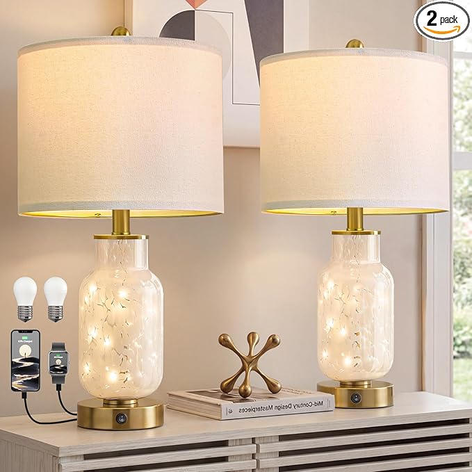 Oneach 22" Glass Table Lamps Set of 2, White Modern Bedside Lamp with LED Night Light for Living Room, Nightstand Lamp with USB Ports for Bedrooms, Study Room, End Table(2 Bulbs Included)