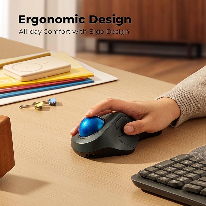 Wireless Trackball Mouse for Large Hands, Ergonomic Index Finger Control, Rechargeable Bluetooth/USB Mouse with Precise Smooth Tracking, Multi-Device Connection for Windows & Mac, Dark Blue