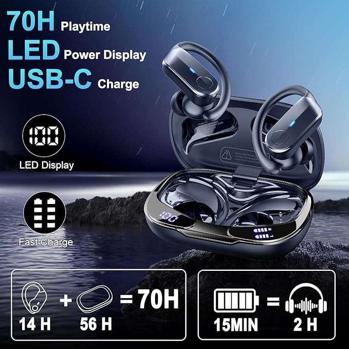 Wireless Earbuds, Sports Bluetooth 5.4 Headphones IPX8 Waterproof, 70H Over Ear Buds with Deep Bass Sound,4 ENC Noise Cancelling Mics, USB-C Fast Charging Earphones with Earhooks for Workout/Running