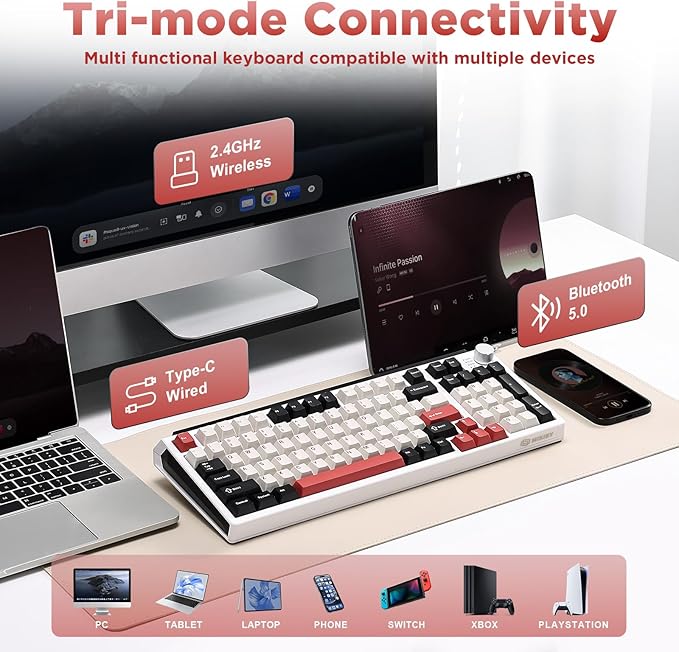 K98 Wireless Mechanical Keyboard,Tri-Mode BT5.0/2.4GHz/USB-C Hot Swappable Custom Keyboard,Gasket Structure,RGB Backlit Gaming Keyboard for Win & Mac(White&Red,Cocoa-V2 Switch)
