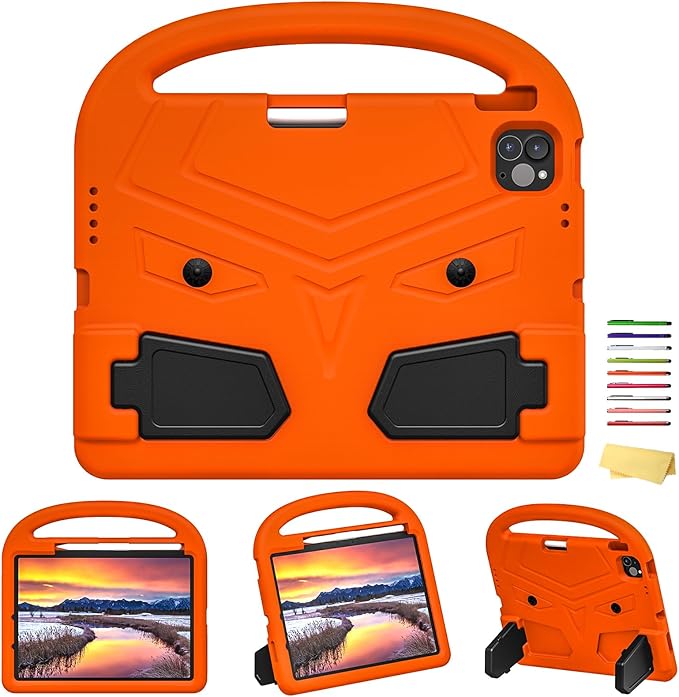 Kids Case for Apple iPad Pro 11 inch M5/M4 Tablet (2025/2024) with Pencil Holder/Handle/Kickstand Slim Lightweight Cute Soft EVA Foam Shockproof Stand Cover for Boys Girls Teens, Orange Bird
