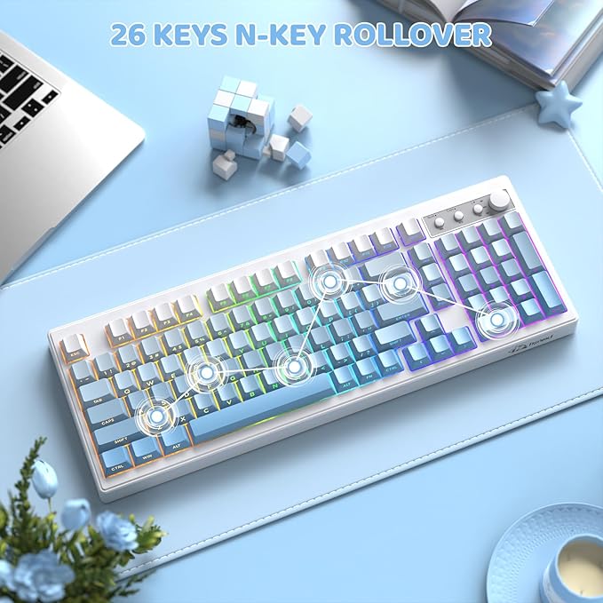 ZIYOU LANG K100 Wireless Gaming Keyboard,99 Keys Tri-Mode BT/2.4GHz/USB-C Creamy Color Keyboard with Number Pad RGB,Media Knob Custom Programmable Computer Keyboards for PC/Mac/Xbox (Blue)