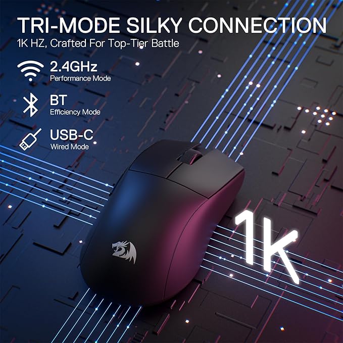 Redragon M916 PRO 3-Mode Wireless Gaming Mouse, 55G Ultra-Light 26K DPI Mouse w/Ergonomic Natural Grip Build, Full Programmable Buttons, Software Supports DIY Keybinds & DPI