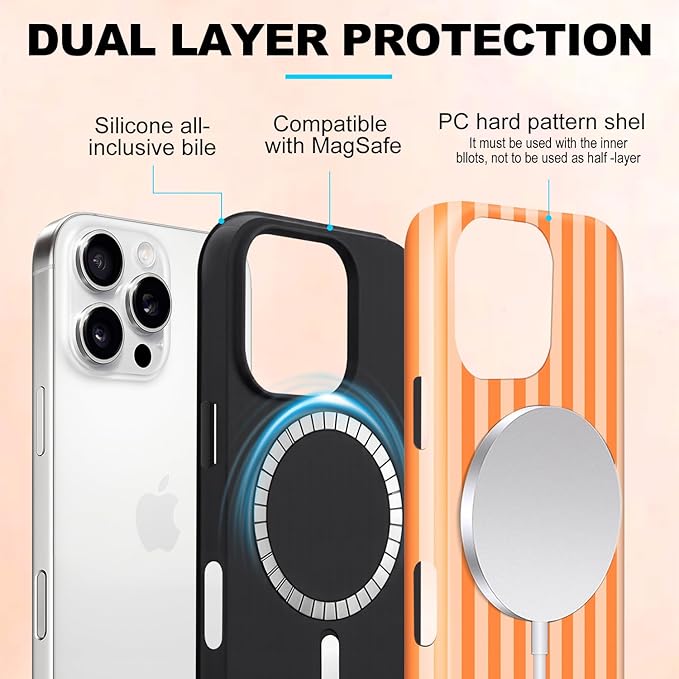 Magnetic for iPhone 14 Pro Case Cute Stripes Phone Case, Shockproof Slim TPU and Hard PC Protective Phone Cover Compatible with MagSafe Designed for Women Girls, Orange