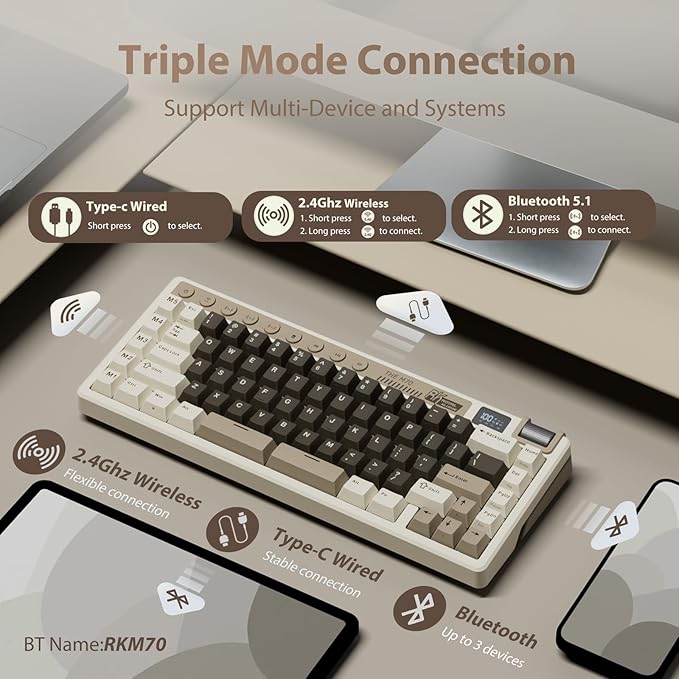 RK ROYAL KLUDGE M70 Wireless Mechanical Keyboard with Macro Keys 2.4GHz/Bluetooth/Wired 75% Gaming Keyboard with 6000mAh Battery Gasket-Mount Display & Knob RGB Hot-Swappable Linear Cream Switch