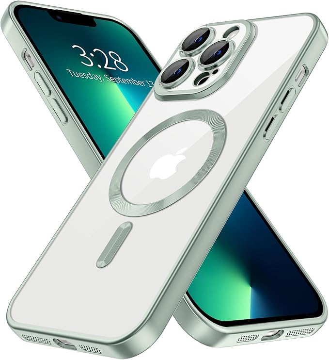 Hython Magnetic Clear for iPhone 13 Pro Max Case with Camera Lens Protector [Compatible with MagSafe] Plating Edge Slim Soft TPU Cover Protective Phone Case for iPhone 13 Pro Max 6.7", Matte Mint
