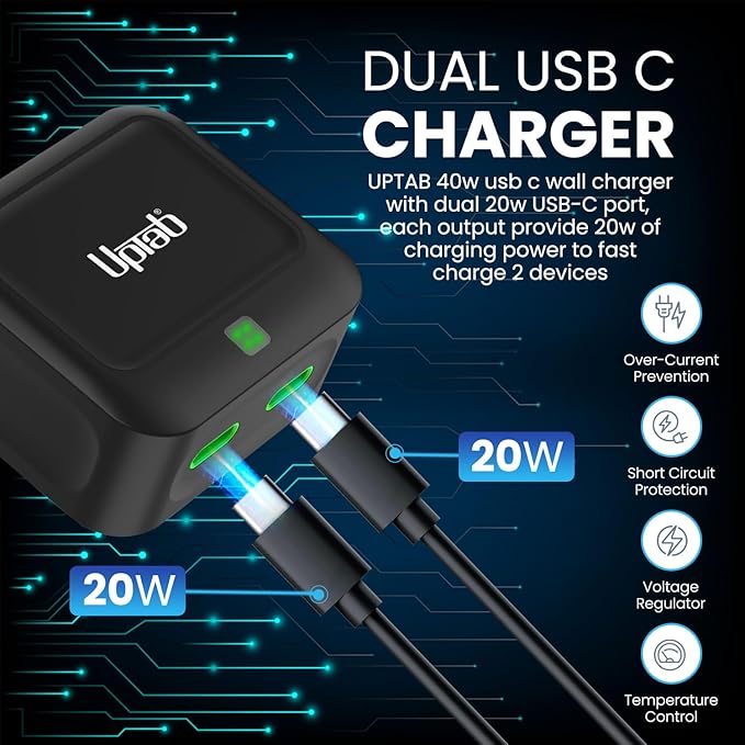 Dual USB-C Charger 40W - Compact Foldable Fast Charging Wall Adapter for iPhone 16 Pro Max, Galaxy S22 S21 Note 20, Pixel, MacBook, and iPad