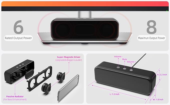 Computer Speakers for Desktop PC Laptop, Wired, USB Plug-in, External Speakers for Monitor, Small Computer Sound bar for PC, Loud Speaker with Deep Bass, Touch Control, Built-in USB-C to USB Adapter