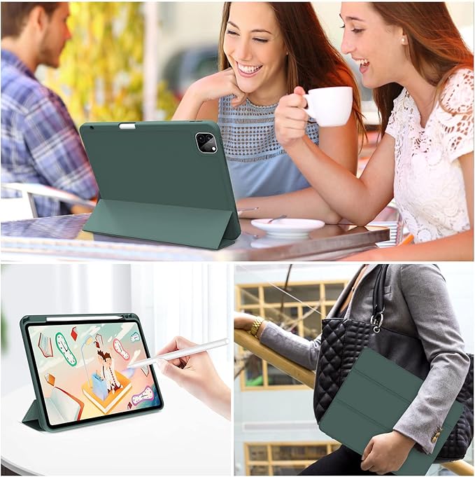kenke Case for iPad Pro 11 Inch 4th/3rd/2nd Generation (2022/2021/2020) with Pencil Holder, Slim Trifold Smart Cover with Soft TPU Back, Support 2nd Gen Pencil Charging, Auto Sleep/Wake, Dark Green