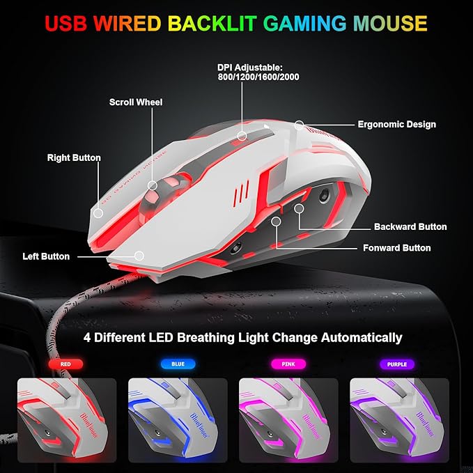 BlueFinger RGB Gaming Keyboard and Backlit Mouse Combo, USB Wired, LED Gaming Set for Laptop PC Computer Game and Work(White)