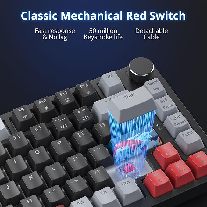 Fogruaden 75% Wired Mechanical Gaming Keyboard - 75 Percent TKL Hot Swappable Gasket Mount, Red Switch, RGB Backlit 82 Keys, NKRO Compact with Knob (Dark)