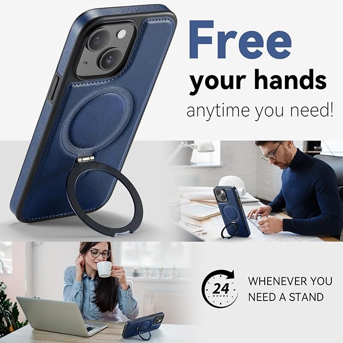for iPhone 15 Case with Stand Compatible with Magsafe Slim PU Leather & Durable TPU Drop Proof Magnetic Kickstand Protective Phone Cover with Tempered Glass Screen Protector 6.1", Blue