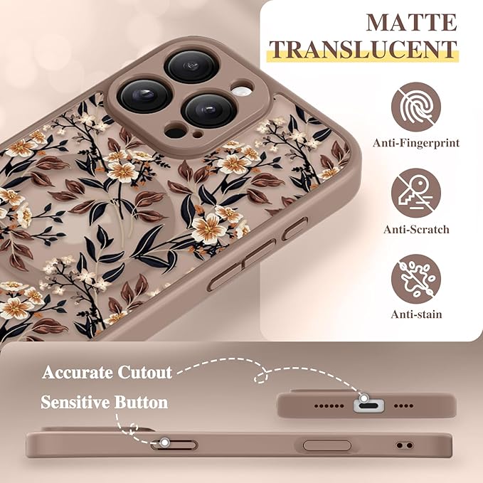 GVIEWIN for iPhone 16 Pro Case Compatible with MagSafe, [Military Grade Protection] [Screen Protector] Full Camera Protection Floral Translucent Women Magnetic Phone Case, Bunchflower/Brown