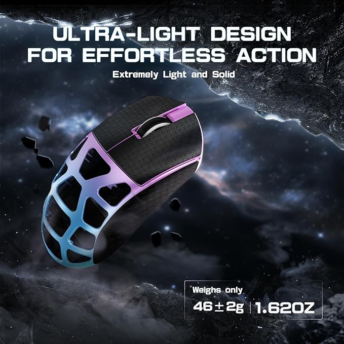 FELICON x Attack Shark R3 Magnesium Alloy Wireless Gaming Mouse, 46g Ultra-Lightweight Skeletal Shell, PAW3395 26K DPI, 8K Polling, Tri-Mode 2.4G/BT/Wired, for PC Mac Laptop - Purple & Griptape