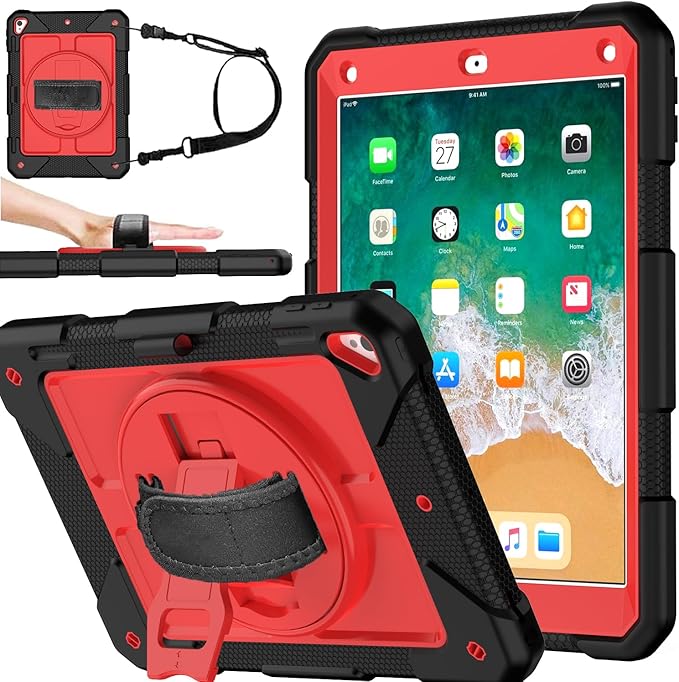 BMOUO Case for iPad 6th/5th Generation Case (9.7 inch, 2018/2017), 360°Rotating Stand, Hand/Shoulder Strap Shockproof iPad 9.7” Case for iPad Air 2, Black and Red