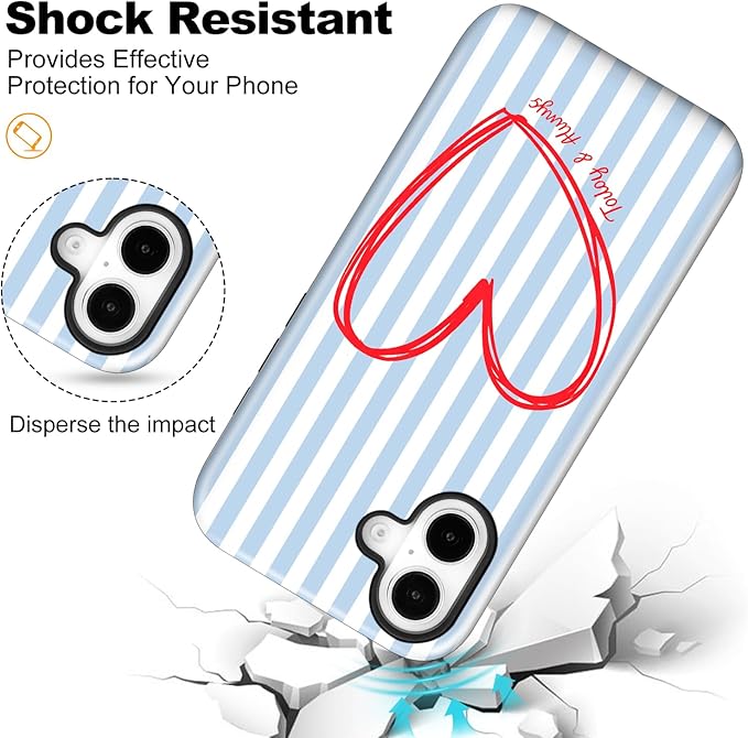 Magnetic for iPhone 16 Case Cute Blue Heart Stripes Phone Case, Love Shockproof Slim TPU and Hard PC Protective Phone Cover Compatible with MagSafe Designed for Women Girls