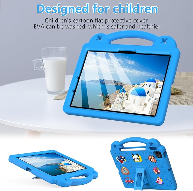 for iPad Air 11 inch Kids Case M3/M2 (2025/2024) & iPad Pro 11 Inch M4 Case 2024 with Pencil Holder/Handle/Kickstand Cute DIY Soft EVA Shockproof Stand Lightweight Tablet Cover,Sky Blue Bear