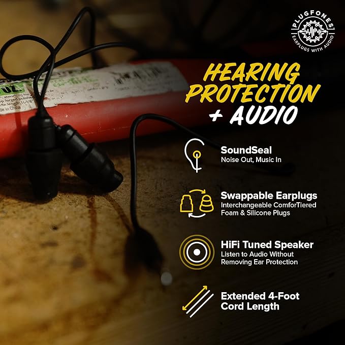 Plugfones Guardian Earplug Headphones - OSHA Compliant Noise-Reducing in-Ear Headphones with Hearing Protection - Wired Hybrid Design for Work and Travel - Includes Silicone & Foam Earplugs - Black
