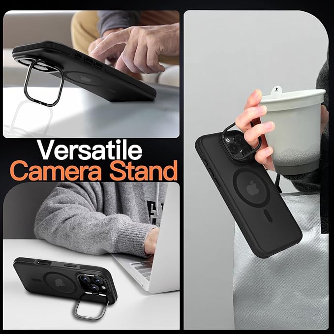 Magnetic case for iPhone 16 Pro [10Ft Military-Grade Protection] Built-in Camera Stand Phone case, Compatible with fit MagSafe Shockproof Slim Thin Cover 6.3 inch,Black Bumper Stand