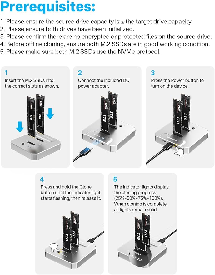ACASIS 20Gbps M.2 NVMe SSD Cloner & Docking Station, Dual-Bay Offline Duplicator with Aluminum Heat Dissipation Enclosure, Tool-Free USB Adapter for M Key PCIe NVMe SSD Reader