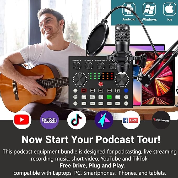 Podcast Equipment Bundle for 2, V8s DJ Mixer Voice Changer with BM-800 Podcast Microphone Bundle - Studio Condenser Microphone Perfect for Podcasting, Recording, Singing, Streaming and Gaming