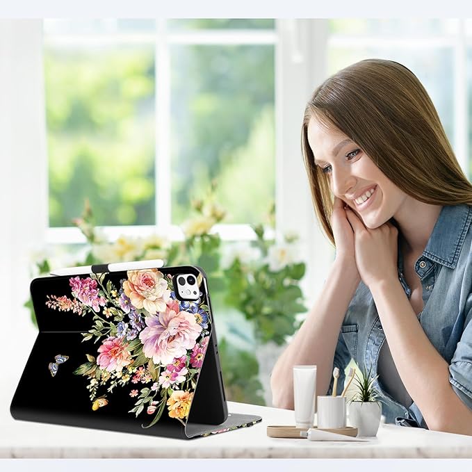 Vimorco for iPad Pro 13 Inch Case M5/M4 2025/2024 Black Floral, for iPad Pro 13 Case for Girls Women, Pencil Holder/Hand Strap/Pocket/Screen Protection Band, for iPad 13 Pro Cover, Flower Butterfly