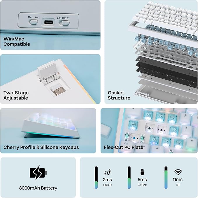 EPOMAKER G84 PRO Wireless Gaming Keyboard with Screen&Knob, 75% Creamy Mechanical Keyboard, 8000mAh, Hot Swappable, Silicone Keycaps, BT5.0/2.4G/USB-C Mode, NKRO, RGB (White, Creamy Jade Switch)