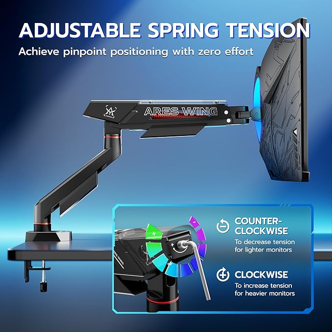 ARES WING Single Monitor Arm for 17-40 Inch Flat Curved Ultrawide Screens Up to 26.5lbs, Fully Adjustable Single Monitor Mount, C-Clamp & Grommet Base, 75/100 Vesa Mount, Black
