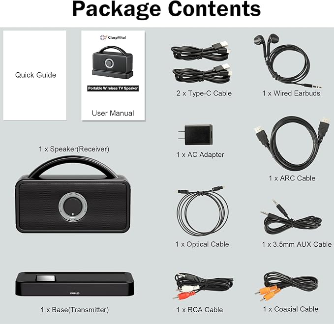 5.8Ghz Wireless Speakers for TV, 30-hrs Playtime, Portable TV Speakers for Hard of Hearing Seniors, 50 ft Range Compatible with ARC, Opt, AUX, USB, Coax Port (Cables Included)