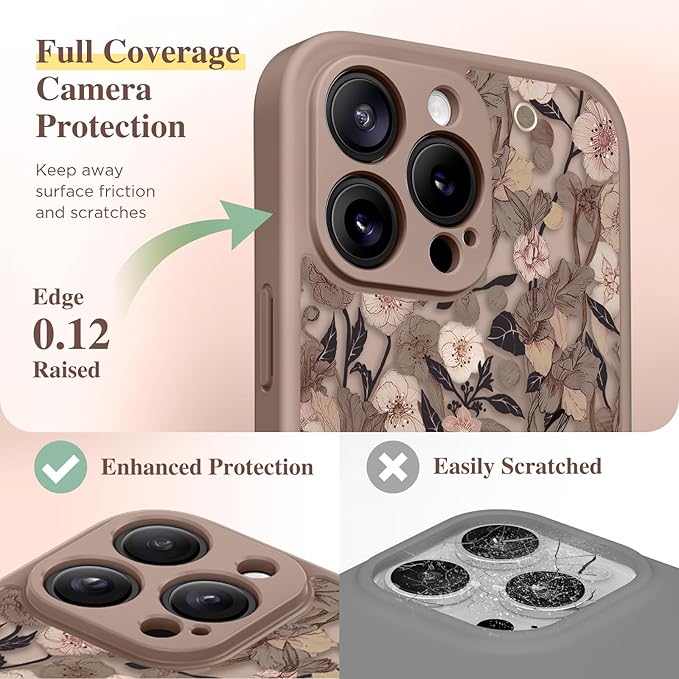 GVIEWIN for iPhone 15 Pro Max Case Compatible with MagSafe, [Military Grade Protection] [Screen Protector] Full Camera Protection Floral Translucent Women Magnetic Phone Case, Apricot Blossom/Brown