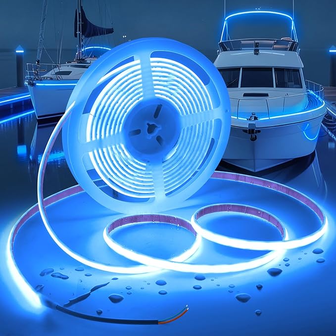 COB LED Strip Lights Blue Light,12V 16.4ft IP67 Waterproof High CRI 95Ra+ Super Bright,Flexible Boat Lights for Fishing Night Outdoor Bathroom Swimming Pool(Power Supply Not Included)