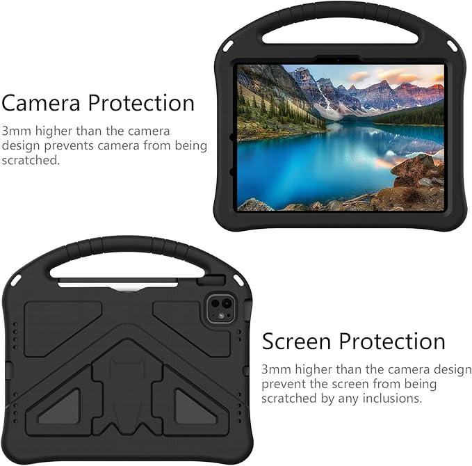 Kids Case for iPad Pro 11-inch (M5) 2025/(M4) 2024, Air 11" 2026 M4/M3/M2 Case with Pencil Holder, Techcircle Lightweight Shockproof EVA Foam Handle Stand Anti-Slip Grip Rugged Cover, Black