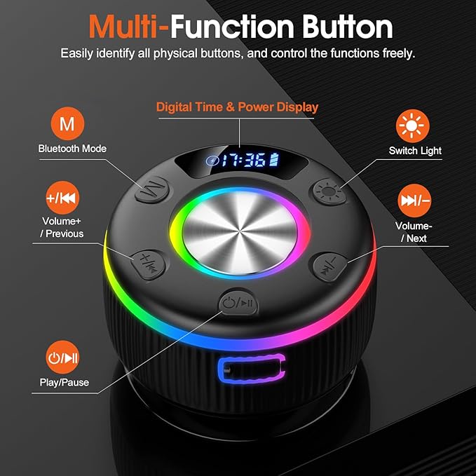 Bluetooth Shower Speaker, Portable Bluetooth 5.3 Speakers Wireless with Time Display, IP7 Waterproof Speakers with RGB Light, Suction Cup, Mini Stereo Speaker for Bathroom Party Travel Beach Outdoor