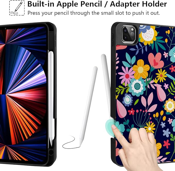 DONGKE Floral Design Case for iPad Pro 12.9 inch 6th, 5th, 4th, 3rd Gen with Pencil Holder, Auto Wake/Sleep, and Stand