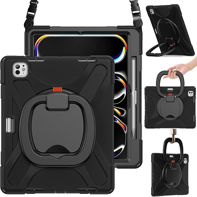BRAECN Case for iPad Pro 13 Inch M5 2025 / M4 2024, Heavy Duty Rugged Silicone Cover with Built-in Pencil Holder, Shoulder Strap, 360° Rotating Handle Grip, Stable Kickstand for iPad Pro 13”, Black