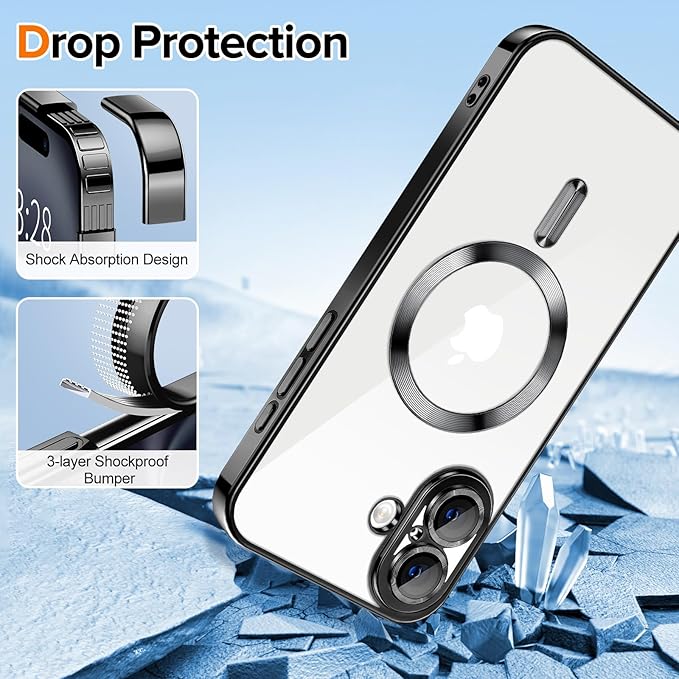 Hython Magnetic Clear for iPhone 16 Plus Case with Camera Lens Protector [Compatible with MagSafe] Luxury Plating Edge Slim Soft TPU Cover Protective Phone Case for iPhone 16 Plus 6.7", Black