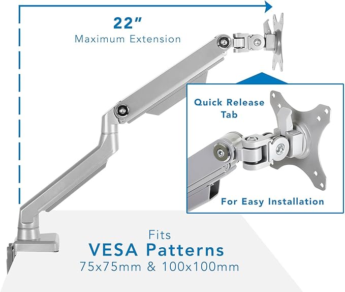 Mount-It! Single Monitor Arm Desk Mount, Mechanical Spring Height Adjustable Monitor Stand for 13–32 Inch Screens up to 17.6 lbs, VESA 75x75 & 100x100, C-Clamp & Grommet